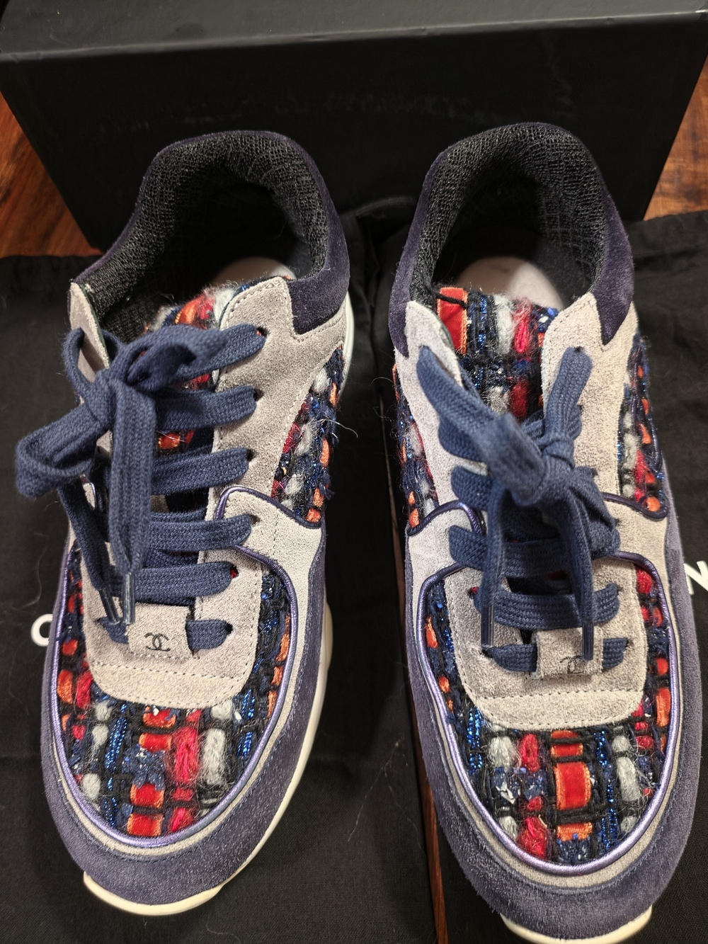 CHANEL Navy, Red and Gray Tweed Kids Sneakers